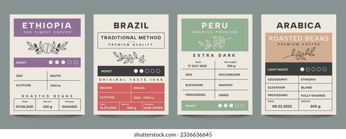 Coffee packaging banner. Vintage minimal label with arabica coffee sticker and brand name stamp, coffee rostery. Vector package design set of coffee label packaging, arabica roasted illustration