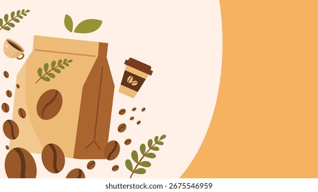 Coffee packaging with beans leaves and cup flat illustration