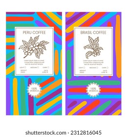 COFFEE PACKAGING BRIGHT SHAPES Abstract Simple Style Vintage Colorful Figures Doodle In Organic With Hand Drawn Coffee Beans On Labels Vector Template Set