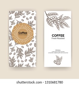 Coffee Packaging Design with coffee tree branch with leaves and beans. Vector template package for your design.