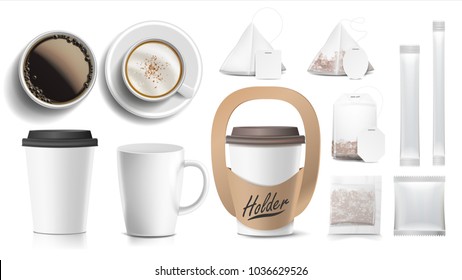 Coffee Packaging Design Vector. Cups Mock Up. White Coffee Mug. Ceramic And Paper, Plastic Cup. Top, Side View. Holder For Carrying One Cup. Blank Foil Packaging Sugar. Realistic Isolated Illustration