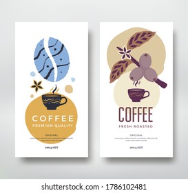 Coffee Packaging design. Vector label template with coffee branch, bean and cup.