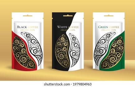 Coffee packaging design with zip pouch bag mockup. Vintage vector ornament template. Elegant, classic elements. Great for food, drink and other package types. Can be used for background and wallpaper.