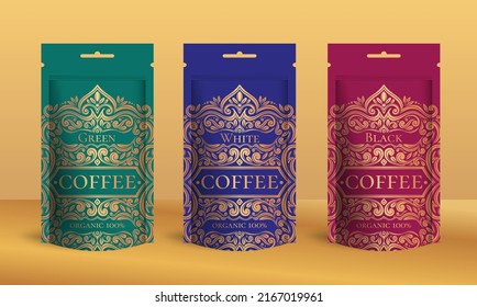 Coffee packaging design with zip pouch bag mockup. Vintage vector ornament template. Elegant, classic elements. Great for food, drink and other package types. Can be used for background and wallpaper.