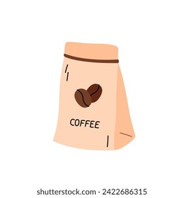 Coffee packaging doodle vector illustration. Pouch product with roasted coffee beans. Cute doodle cartoon design element. Simple hand drawn object. 