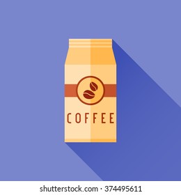 Coffee packaging flat icon with long shadow. Package bag of coffee beans.