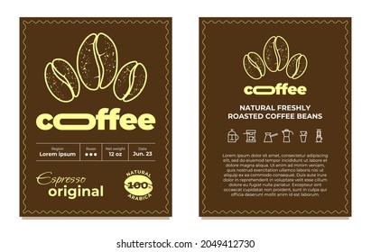 Conjunto de plantillas de diseño de etiquetas de empaquetado de café. Espresso original gráfico etiqueta moderna o etiqueta adhesiva para marca, logotipo, embalaje. Pasos vectores Ilustración de la tipografía de la empresa de tostadores de frijol arabica