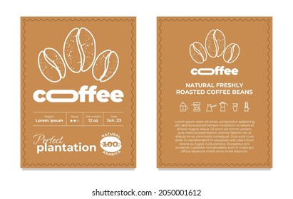 Coffee packaging label design template set. Organic plantation graphic modern tag or sticker for brand, logo, packing. Vector eps Illustration for arabica bean roaster company typography