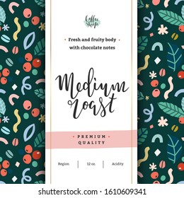 Coffee packaging, medium roast blend, package template layout for coffee shop. Vector banner with floral pattern, handwritten lettering. Modern simple doodle illustrations, trendy hand drawn style.