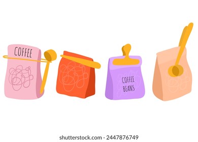 Coffee packaging. Pouch bag  for coffee beans.  Icon collection for menu, coffee shop.