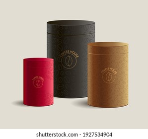 Coffee packaging realistic mockup of three different size jars with coffee beans pattern and logo, presentation composition, 3d graphic