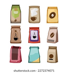 Teekartoon für Kaffeeverpackungen. Produktbeutel, Essensgetränk, Packbohne, Etikettenpapier, Espressokaffeemaschine, Vektorgrafik