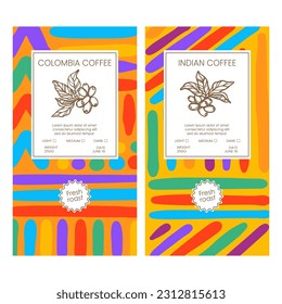 COFFEE PACKAGING SIMPLE Shapes Abstract Simple Style Vintage Colorful Figures Doodle In Organic With Hand Drawn Coffee Beans On Labels Vector Template Set