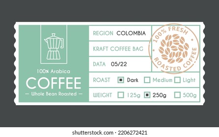 Coffee Packaging Sticker. Geometric Label Template, Minimal Design Tag With Beans And Coffee Maker. Tidy Vintage Arabica Package Vector Info Banner