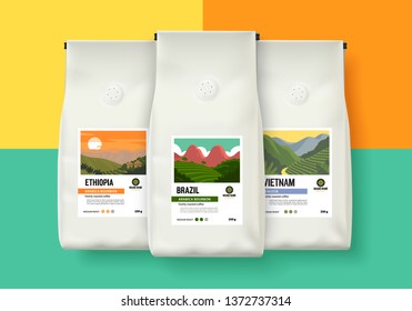 Coffee Packaging Template Design Set. Realistick Mockup. Vector Illustration.