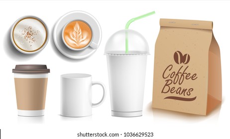 Coffee Packaging Template Design Vector. White Coffee Mug. Ceramic And Paper, Plastic Cup. Top, Side View. Blank Foil Packaging. Isolated Illustration