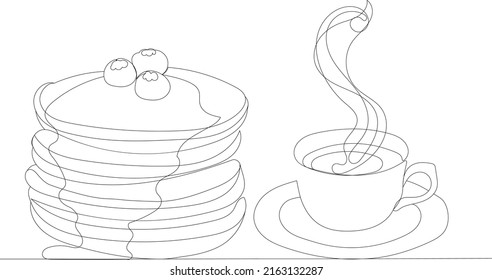 café y crepes un dibujo de línea continua, boceto, aislado, vectorial