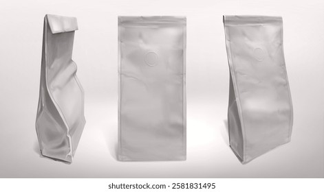 Coffee paper bag mockup set - vertical packaging template in white material, rectangular retail pouch with gusset, folded container design. Branding and product storage presentation template.