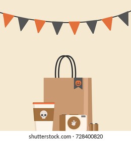 coffee and paper bag vector. free space for text. halloween day. camera cartoon vector.