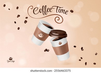 Coffee paper cup ad. Realistic take away cups advertising marketing poster, caffeine or tea product mockup package espresso to go cafe promotion banner, exact vector illustration original artwork