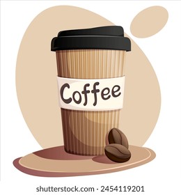 Kaffeepapierbecher mit Abzeichen (passend für Logo) mit eingravierten heißen Kaffeebohnen. Vektorillustration für Banner, Website, Poster, Speisekarte, Essenskonzept. Weißer Hintergrund.