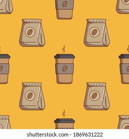 coffee paper cup with coffee bag drawing in seamless pattern