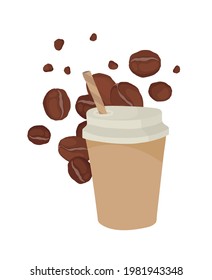 Coffee in a paper cup. Coffee beans. Coffee to go. Outline vector illustration on a white background.
