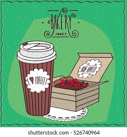 Coffee in paper cup and berry pie in carton box, lie on lacy napkin. To go kit for breakfast concept. Ornate lettering bakery. Handmade cartoon style. Vector illustration