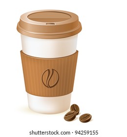 Coffee Paper Cup With Cardboard Sleeve And Beans