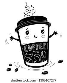 Coffee in paper cup cartoon character with cute face. Drawn vector illustration in lines. Hot drinks concept for store signs,
booklets, flyers, t-shirts, bags, for posters, invitations, cards, etc.