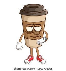 Coffee paper cup cartoon character tired waiting someone with funny bad expression