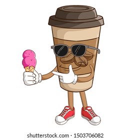 Coffee paper cup cartoon character holding melted ice cream with funny cool expression