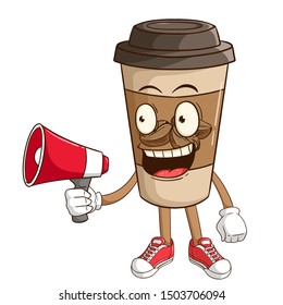 Coffee paper cup cartoon character holding megaphone with funny smile face