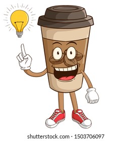 Coffee paper cup cartoon character get idea with light bulb and funny smile face