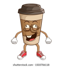 Coffee paper cup cartoon character with funny stupid or crazy expression