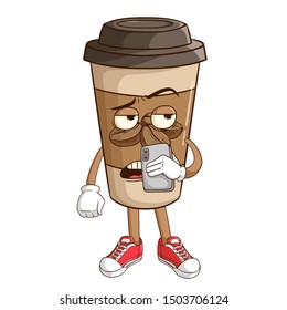 Coffee paper cup cartoon character holding a smartphone and calling someone with funny bad expression