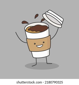 Coffee paper cup cartoon character greeting smiling face hands up happy joy emotions icon vector illustration.