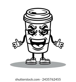 Coffee paper cup cartoon mascot character vector illustration in vintage monochrome style isolated on white background