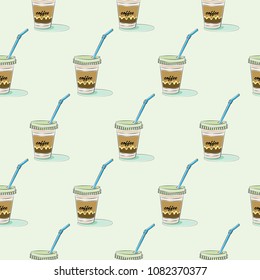 Coffee paper Cup, cartoon pattern seamless texture, vector illustration.