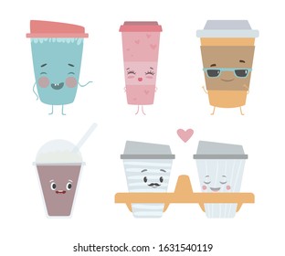 Coffee paper cup character flat vector illustration. Take away coffee, coffee to go concept. Cups for coffee and mags for hot drinks set, with a smile, hands and legs.
