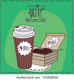 Coffee in paper cup and chocolate cookies in carton box, lie on lacy napkin. To go kit for breakfast concept. Ornate lettering bakery. Handmade cartoon style. Vector illustration