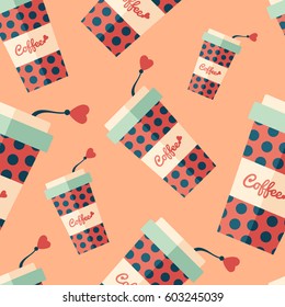 Coffee paper cup with circles flat icon seamless pattern.
