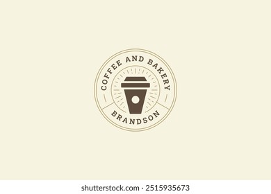 Coffee paper cup coffeeshop and bakery circle retro logo design template vector flat illustration. Morning breakfast break hot caffeine beverage take away cafe creative old style minimalist logotype