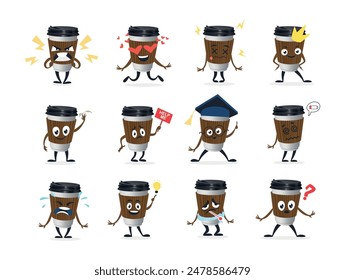 Coffee paper cup comic character with different emotions set isometric vector illustration. Cute cartoon takeaway hot caffeine morning beverage smiley angry love tired king hi hello help me smart