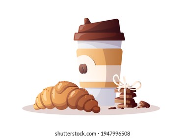 Coffee in a paper cup, croissant, chocolate. Coffee shop, break, cafe-bar, coffee lover, breakfast concept. Isolated vector illustration for poster, banner, cover, menu, card, advertising. 