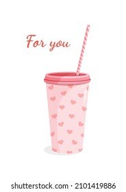 Kaffeepapiertasse mit süßem Gesicht für Postkarte, Textilien, Dekoration, Poster, Banner. Vektorgrafik einer Plastiktasse mit Stroh. Grußkarte für den Valentinstag und andere Feiertage.