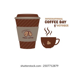 Taza de papel de café marrón oscuro, estilo clásico minimalista del logotipo del grano de café con la taza básica y la Ilustración vectorial moderna elegante del diseño del patrón del forro.