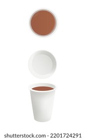 Coffee in paper cup. Delicious cocoa drink with cream, robusta and arabica. invigorating beverage. Design element for social media or mockups. Realistic 3D vector set isolated on white background