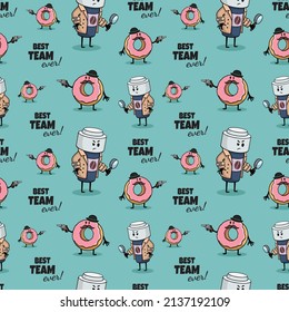 Coffee paper cup and donut as detectives partners, policemen investigating crime. Fast food seamless pattern. Hand drawn Comic doodle sketch style. Vector food illustration. The best team ever
