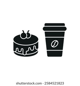 Coffee paper cup drink and cheesecake food icon in flat style, featuring a to-go coffee cup and a strawberry-topped cheesecake slice.